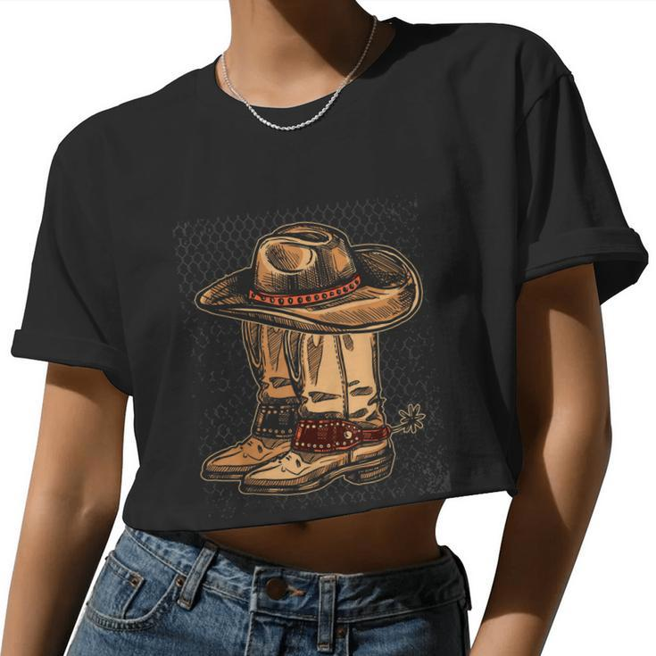 Rodeo Bull Riding Hat Line Dance Boots Cowboy V2 Women Cropped T-shirt