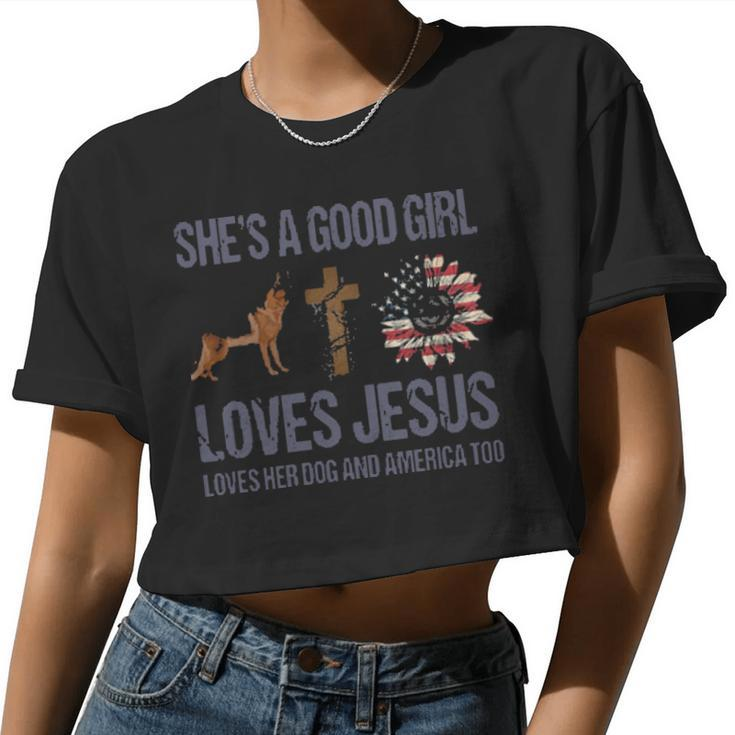 Shes A Good Girl Loves Jesus Loves Her Dog And America Too Cushion Women Cropped T-shirt