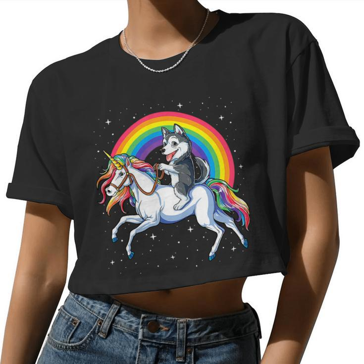 Siberian Husky Unicorn Tee Girls Space Galaxy Rainbow Women Cropped T-shirt
