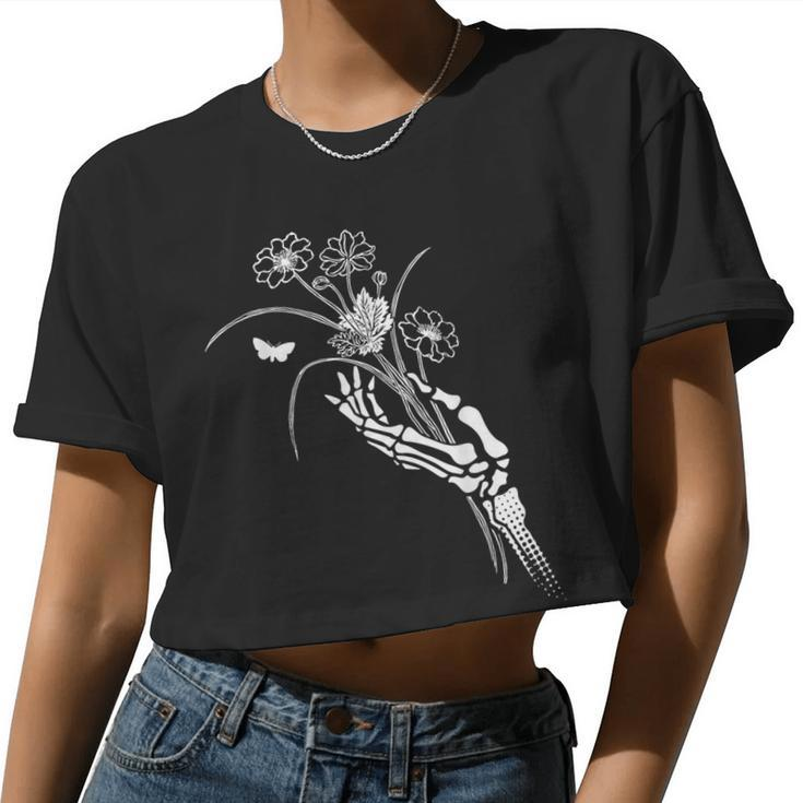 Skeleton Hand Holding Flowers Folkloric Wiccan Nature Witch Women Cropped T-shirt