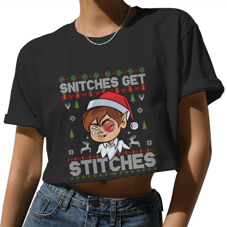 Snitches Get Stitches Elf Xmas Vintage Retro Santa Hat Women Cropped T-shirt