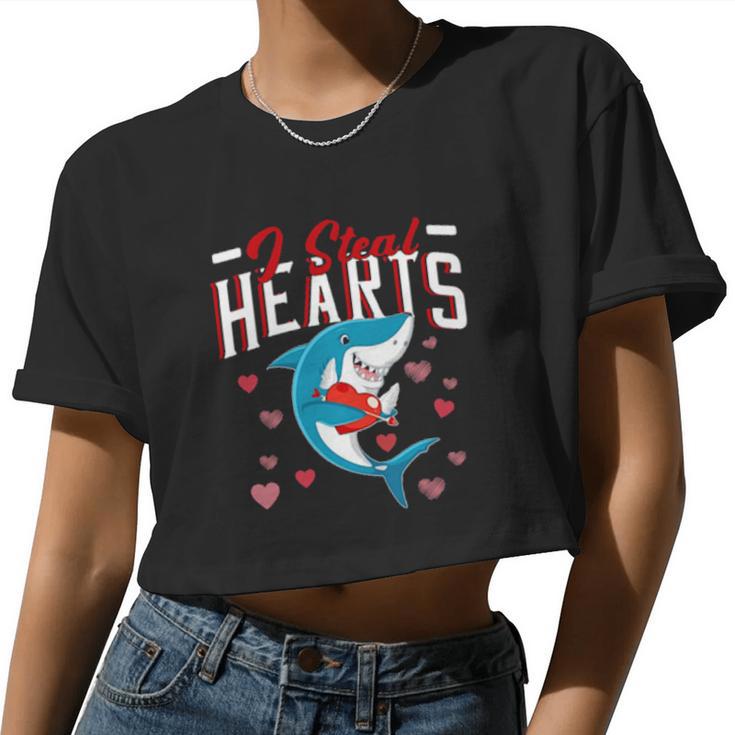 I Steal Hearts Shirt Valentines Day Boys Girls Shark Women Cropped T-shirt