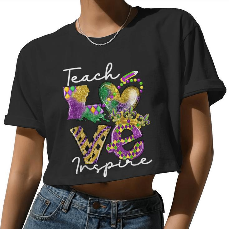 Teacher Mardi Gras Teach Love Inspire Carnival Beads Leopard Women Cropped T-shirt