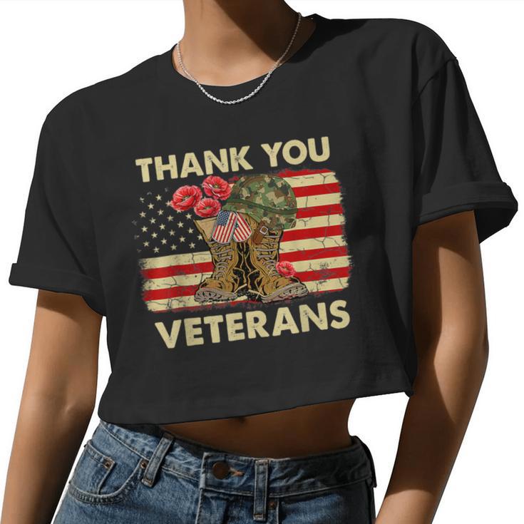 Thank You Veteran Veterans Day American Us Flag Poppy Flower Women Cropped T-shirt