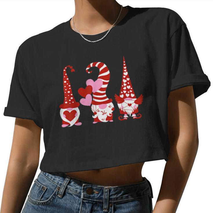 Three Gnomes Holding Hearts Valentines Boys Girls Women Cropped T-shirt