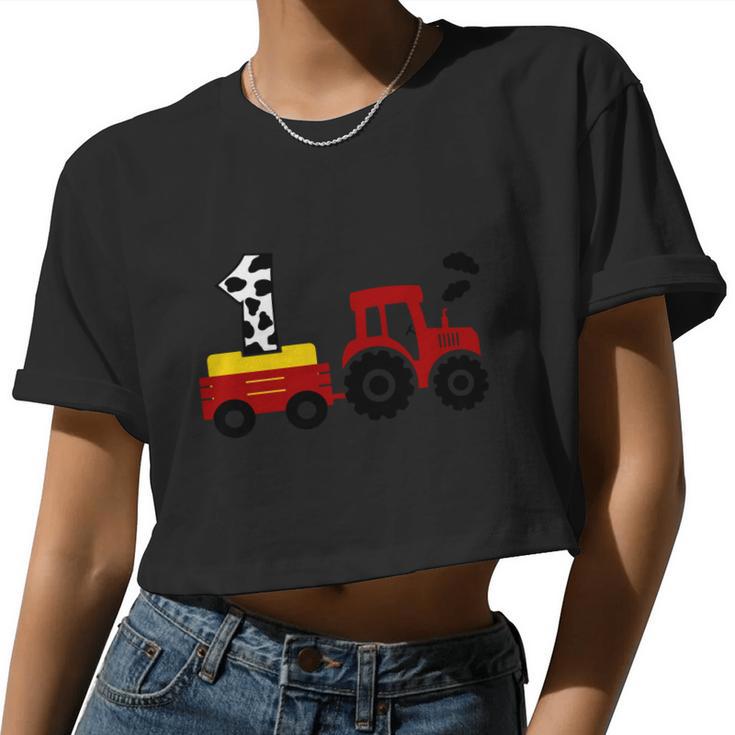 Tractor Pulling One Farmer First Birthday First Birthday Cow 1St Birthday Women Cropped T-shirt