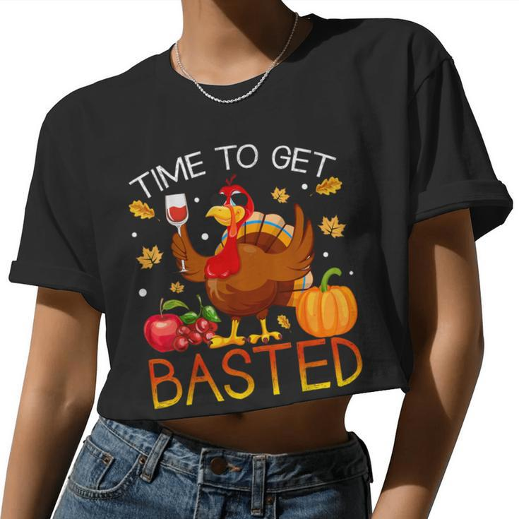 Turkey Time To Get Basted Retro Happy Thanksgiving Women Women Cropped T-shirt