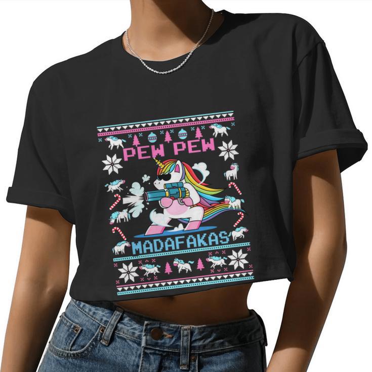 Unicorn Pew Pew Madafakas Ugly Christmas Sweater Women Cropped T-shirt