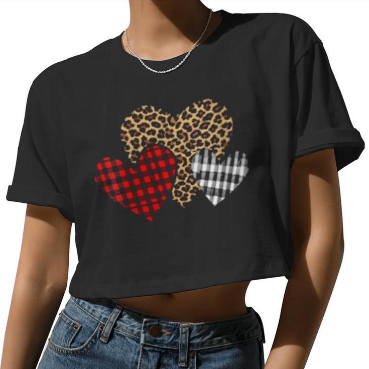 Valentines 3 Hearts Buffalo Plaid Leopard Mom Grandmother Women Cropped T-shirt