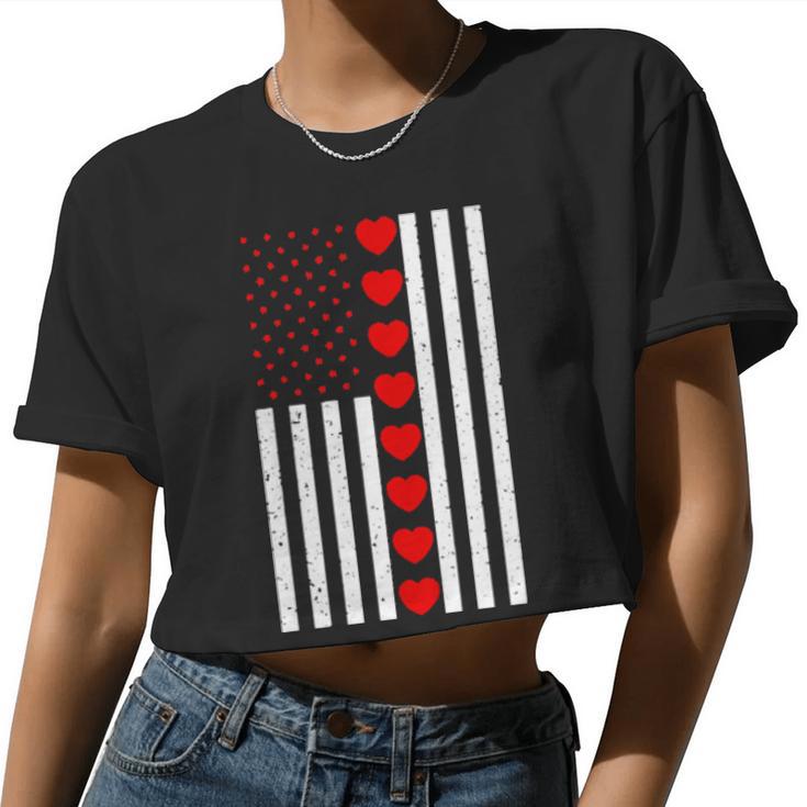 Valentines Day American Flag Hearts Boys Girls Kids Women Cropped T-shirt