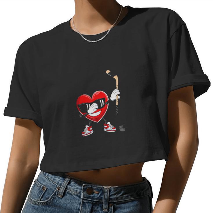 Valentines Day Heart Playing Hockey Boys Girls Women Cropped T-shirt