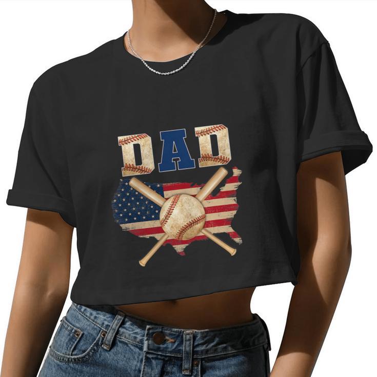 Vintage Proud Baseball Dad Cool 4Th Of July American Flag Women Cropped T-shirt