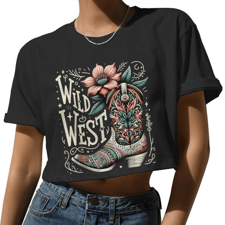 Wild West Country Music Vintage Cowgirl Boot Western Flower Women Cropped T-shirt
