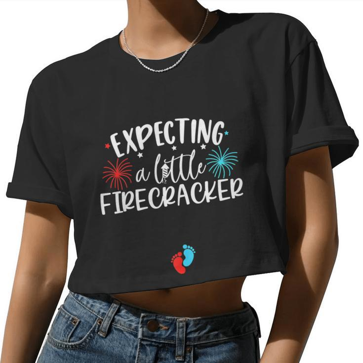 Womens Expecting A Little Firecracker 4Th Of July Pregnant Women Cropped T-shirt