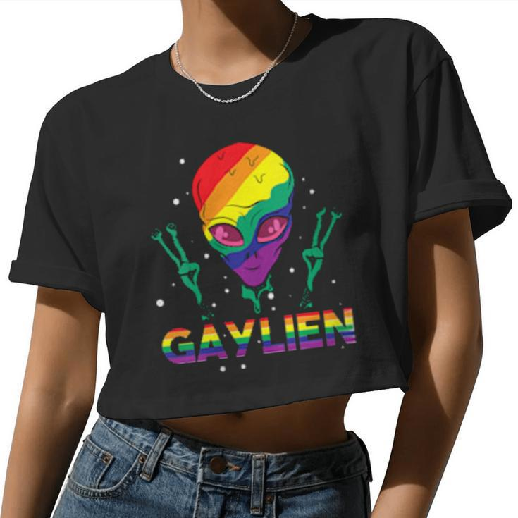 Womens Gaylien Alien Lgbt Love Rainbow Heart Flag Gay Pride Women Cropped T-shirt