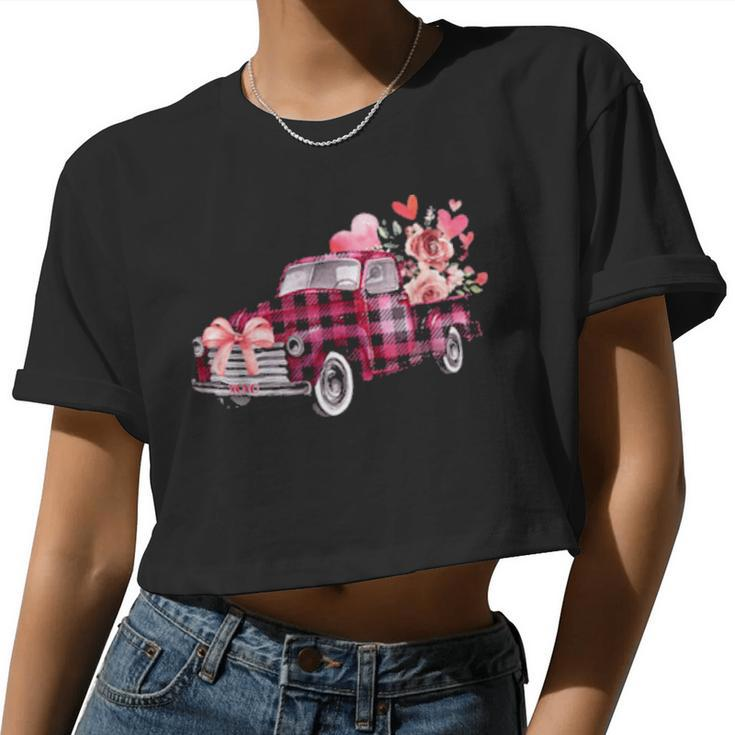 Xoxo Pink Plaid Truck Flowers Valentine's Day Women Cropped T-shirt