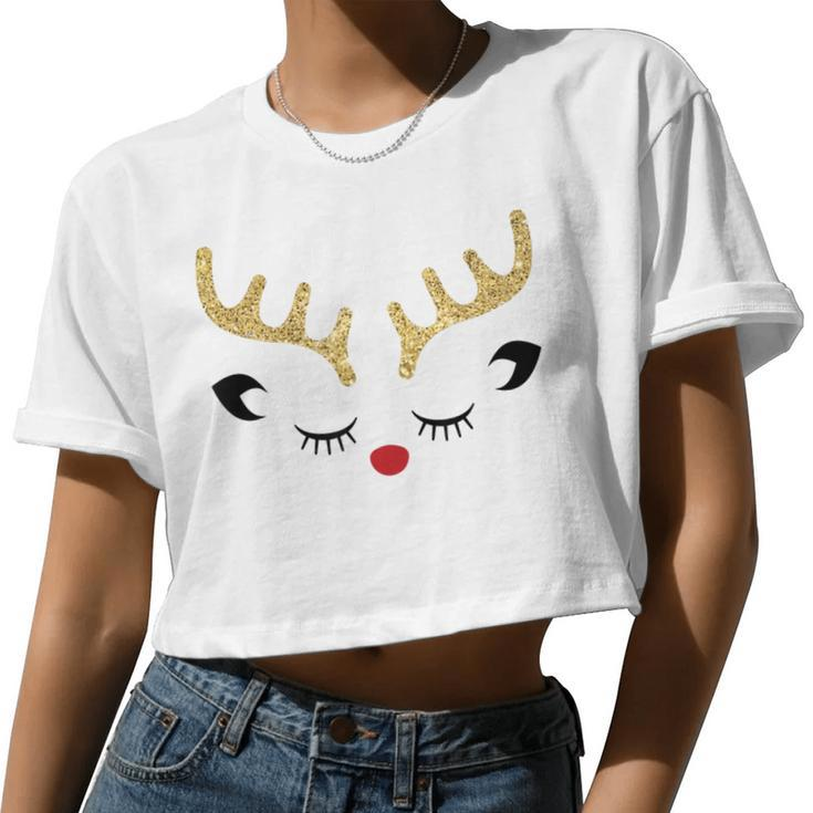 Cute Christmas Reindeer Red Nose Girls Holiday T Women Cropped T-shirt