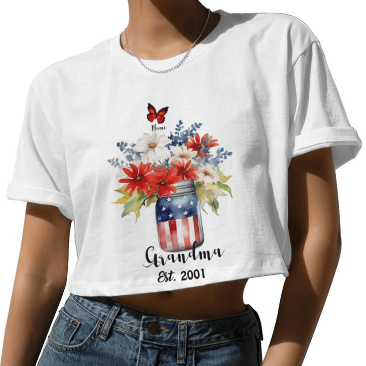 4Th Of July Shirt Personalized Grandma Shirt Custom 4Th Of July Nana Flower With Grandchild Names 4Th Of July Grandma Shirt Patriotic Women Cropped T-shirt