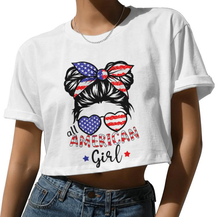 All American Girls 4Th Of July Messy Bun Girl Kids Women Cropped T-shirt