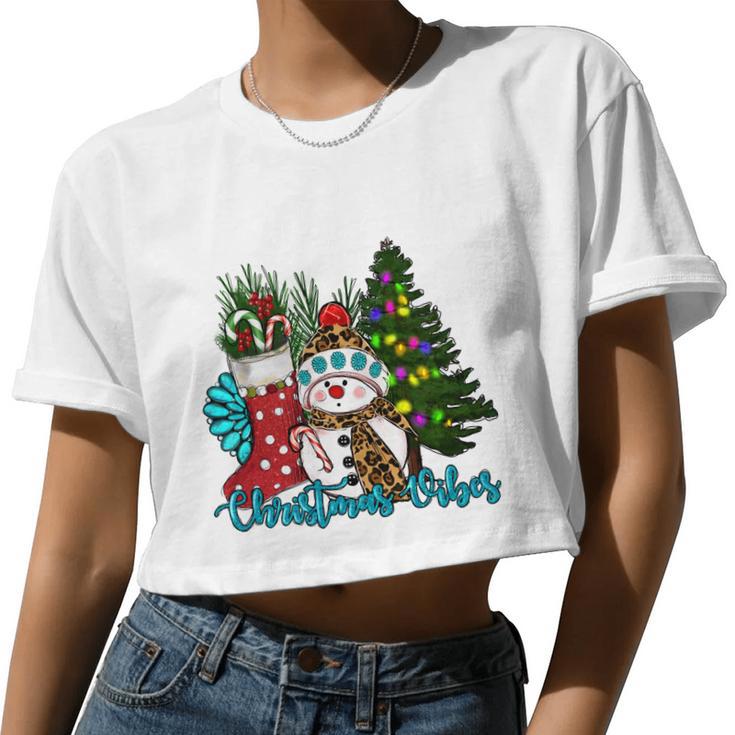 Christmas Vibes Snowman Christmas Trees Women Cropped T-shirt