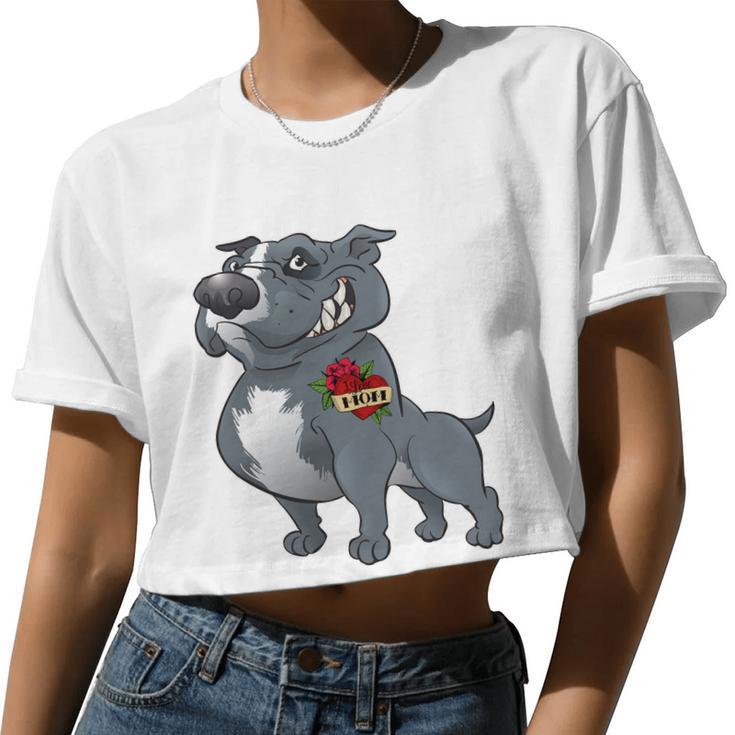 Grey Pitbull I Love Mom Women Cropped T-shirt