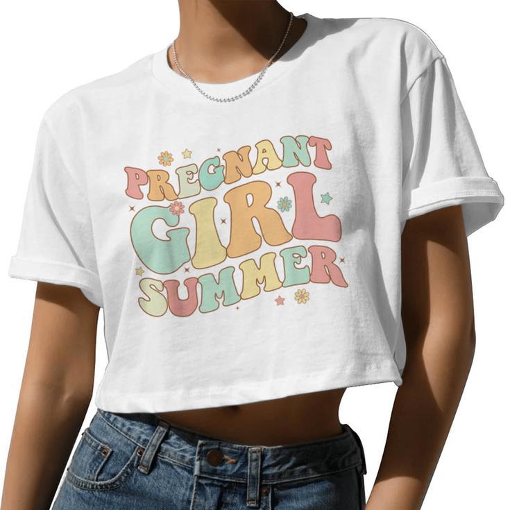 Groovy Pregnancy Reveal Pregnant Girl Summer Baby Shower Women Cropped T-shirt