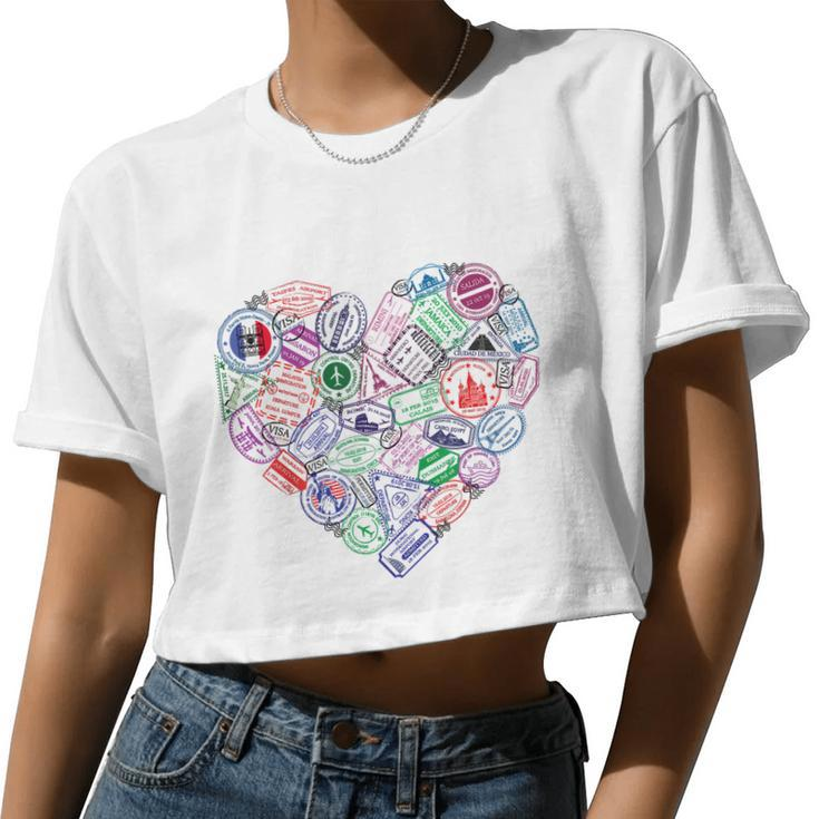 Heart Shaped Passport Travel Stamp Women Cropped T-shirt