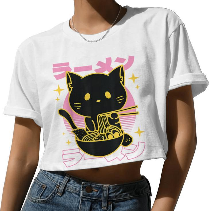 Kawaii Cat Eating Ramen Noodles Anime Neko Girls Women Cropped T-shirt