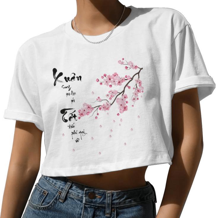 Peach Blossom Vietnamese Lunar New Year Cat 2023 Tet Women Women Cropped T-shirt