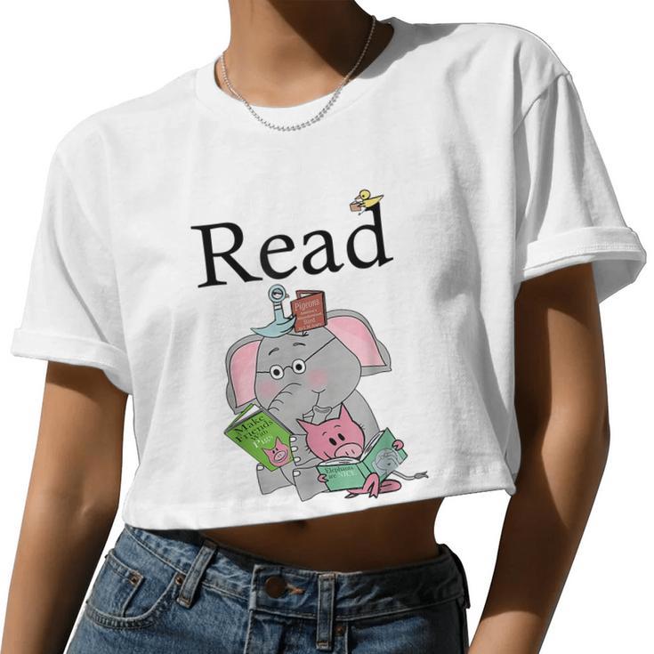 Teacher Library Read Book Club Piggie Elephant Pigeons Tshirt Women Cropped T-shirt