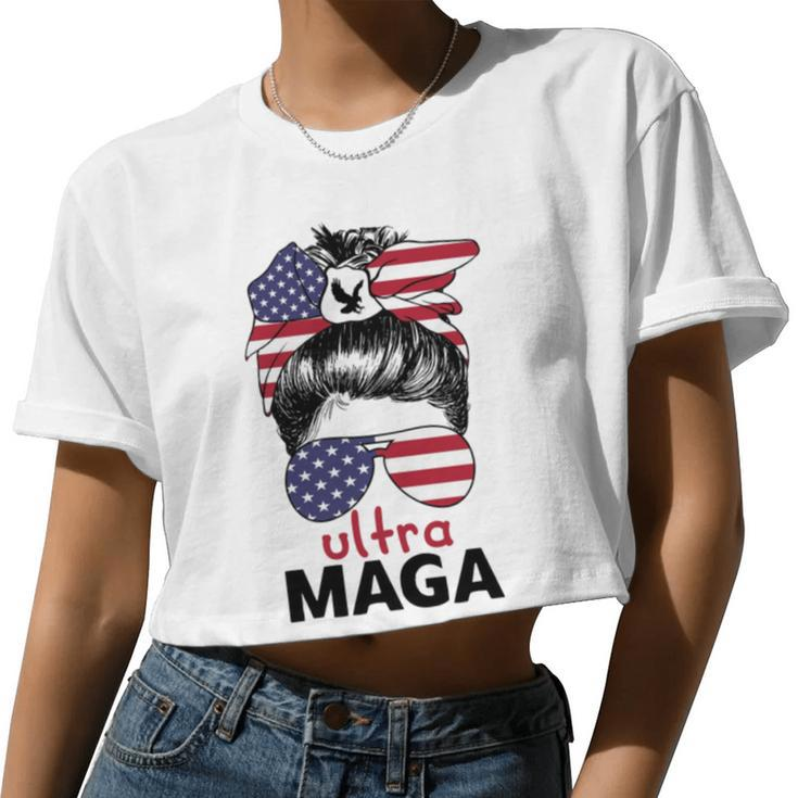 Ultra Maga American Flag Womens Messy Bun Wearing Glasses Women Cropped T-shirt