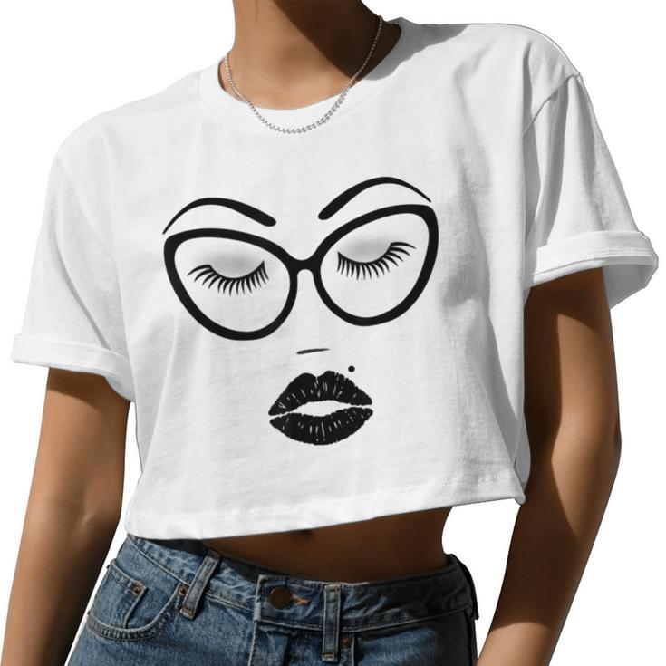 Women's Make-Up Cosmetics Lashes Eyebrows Black Cat Glasses Women Cropped T-shirt