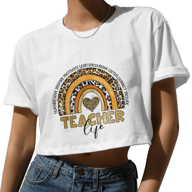 Leopard Rainbow Teacher Life Teaching Last Day Of School Women Cropped T-shirt
