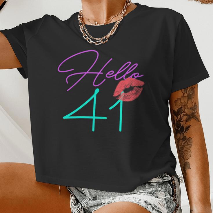 41St Birthday Hello 41 Kiss Purple Bday Women Women Cropped T-shirt