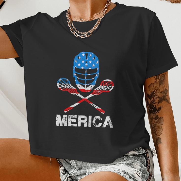 4Th Of July Merica Lacrosse American Flag Women Cropped T-shirt