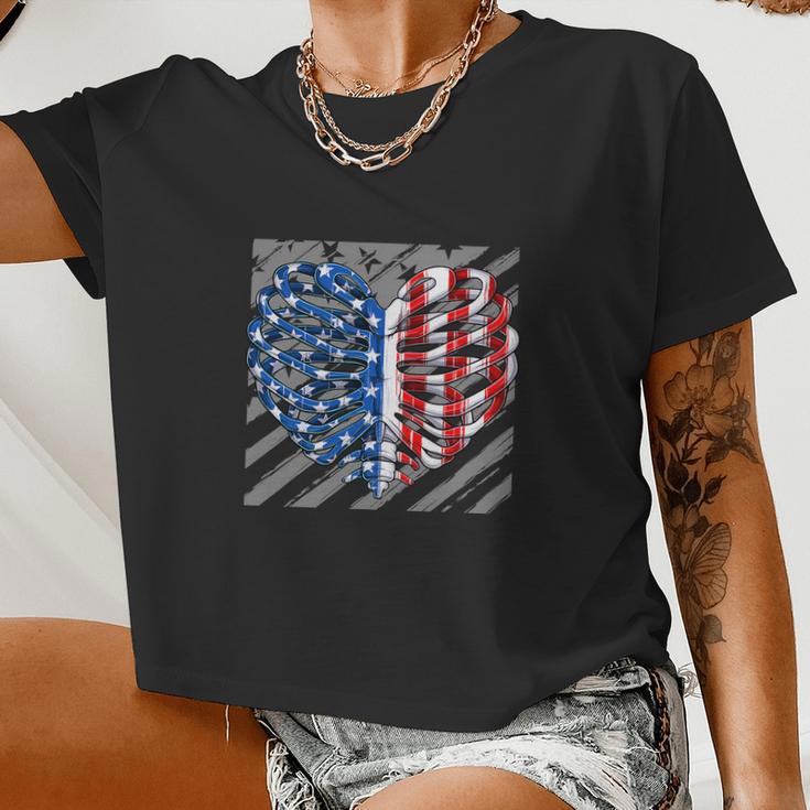 American Ribcage Heart Usa Flag 4Th Of July Women Cropped T-shirt