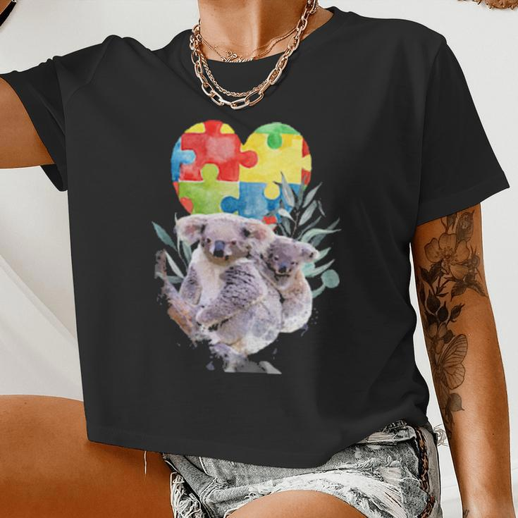 Autism Awareness Mommy Koala Bear With Baby Puzzle Heart Women Cropped T-shirt