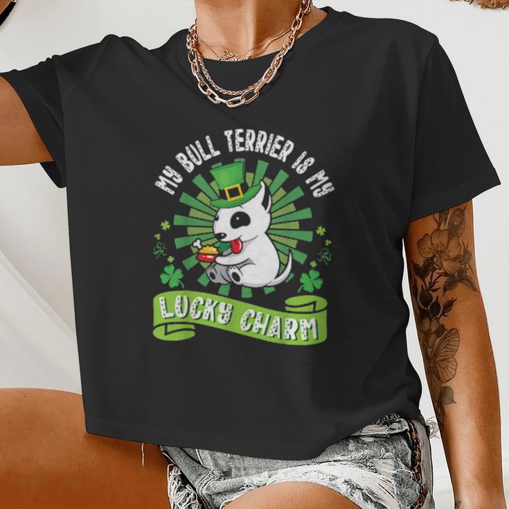 My Bull Terrier Dog Is My Lucky Charm Patrick Day Dad Mom Women Cropped T-shirt