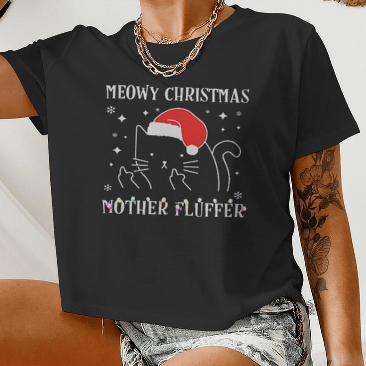 Cat Santa Hat Meowy Catmas Mother Fluffer Women Cropped T-shirt