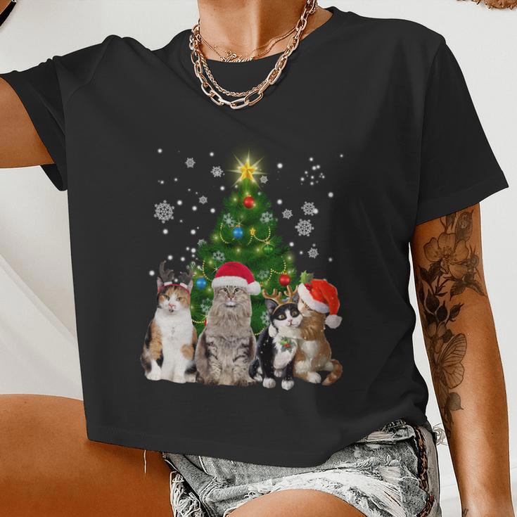 Cute Cat Christmas Tree Cat Lover Xmas Cat Mom Women Cropped T-shirt