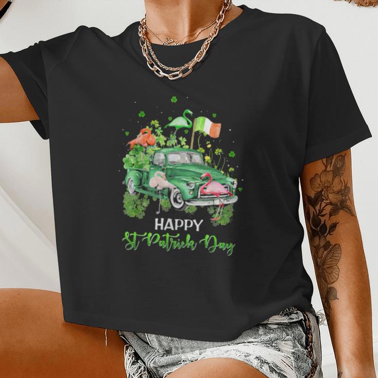 Cute Flamingo Truck Shamrock Green St Patrick Day Women Cropped T-shirt