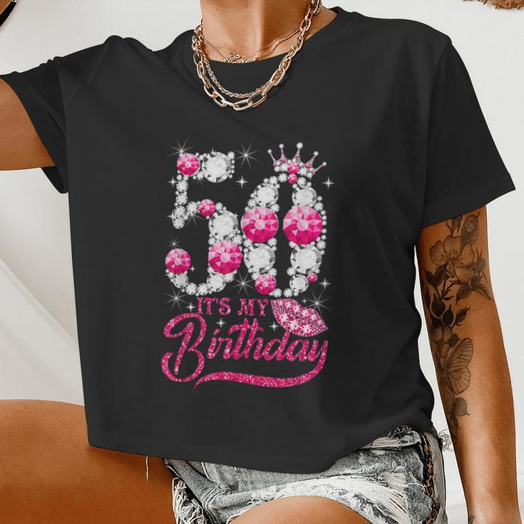 It's My 50Th Birthday Queen 50 Years Old Shoes Crown Diamond Gif Women Cropped T-shirt