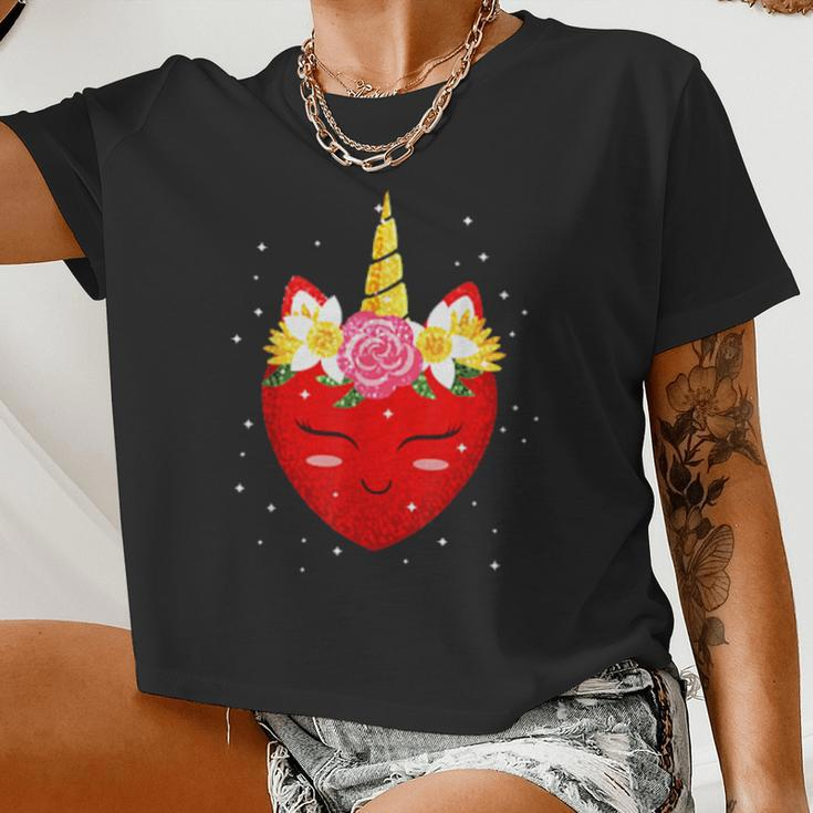 Cute Heart Unicorn Face Valentines Day Girls Women Cropped T-shirt