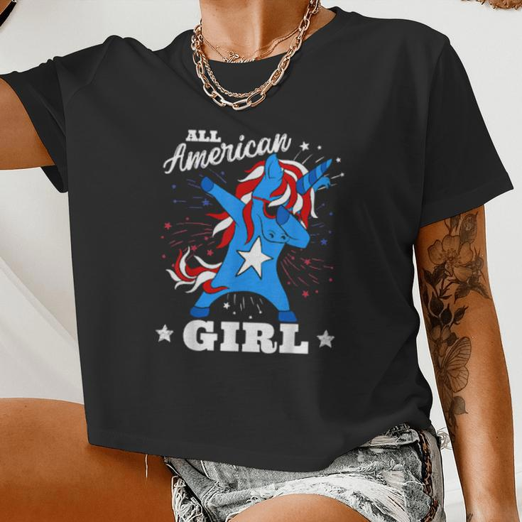 Dabbing Unicorn 4Th Of July Girls Patriotic American Women Cropped T-shirt