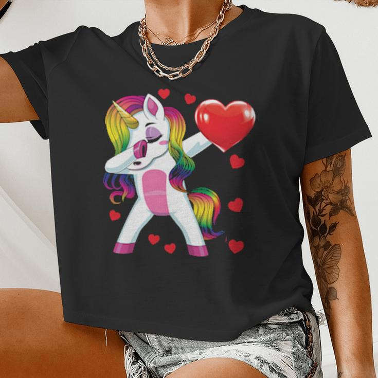 Dabbing Unicorn Heart Valentines Day Girls Women Cropped T-shirt