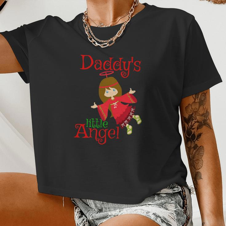 Daddys Little Angel Brown Hair Girls Xmas Cute Kids Women Cropped T-shirt