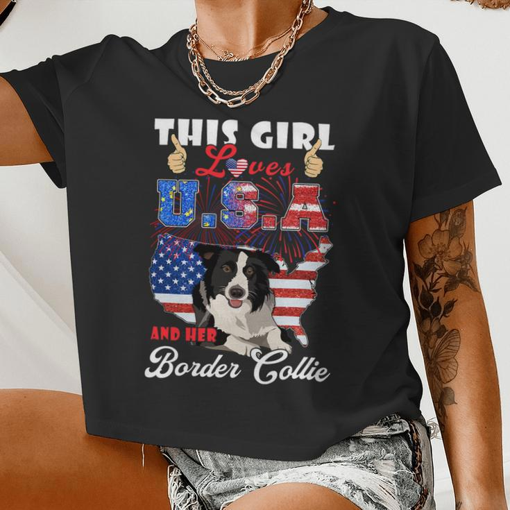 Dog Border Collie This Girl Loves Usa And Her Dog 4Th Of July Border Collie Women Cropped T-shirt