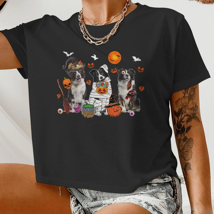 Dog Border Collie Three Border Collie Dogs Witch Scary Mummy Halloween Zombie Women Cropped T-shirt