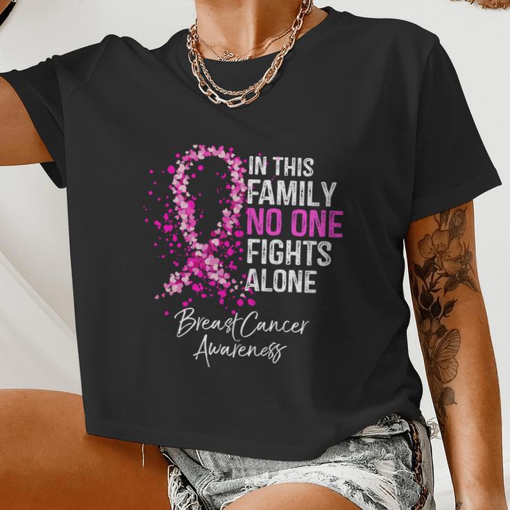 In This Family No One Fights Alone Breast Cancer Awareness Women Cropped T-shirt