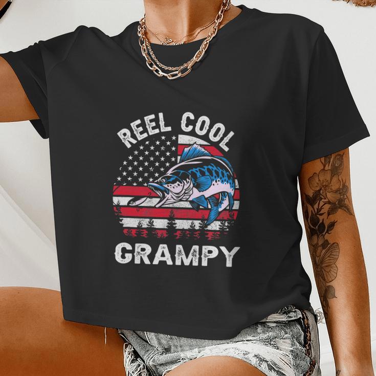 Flag Vintage Reel Cool Grampy Fishing For 4Th Of July Women Cropped T-shirt